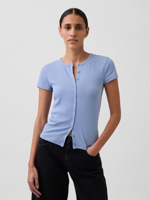 Gap Kadın Açık Mavi Modern Fitilli Düğmeli Bisiklet Yaka T-Shirt