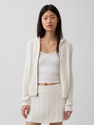 Gap Kadın Beyaz %100 Pamuk Cable-Knit Fermuarlı Hırka