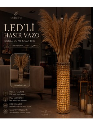 Egindra LED Aydınlatmalı Hasır  Kuru Çiçek Vazosu Yer Vazosu Bohem Dekoratif Yer Vazosu