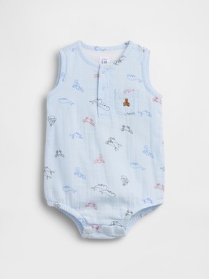 Gap Bebek Mavi Pamuk Gauze Henley Cepli Kolsuz Bodysuit