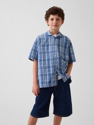 Gap Erkek Çocuk Mavi Kids Textured Ekoseli Relaxed Tatil Gömleği