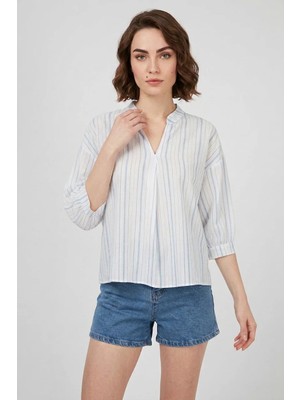 buğrahayalin Kadın V Yaka Oversize Çizgili Viskon Açık Mavi Bluz