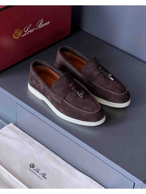 Loro Piana Summer Walk Süet Kahverengi Erkek Loafer Ayakkabı (Charm Detaylı)