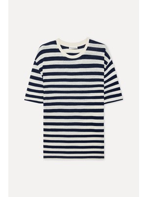 Mudo Erkek Kırık Beyaz Çizgili Comfort Fit Keten Karışımlı T-Shirt
