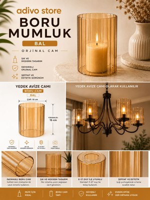 Adivo Store Bal Renk Boru Mumluk ve Yedek Avize Camı 14 cm x 9 cm Orijinal Cam
