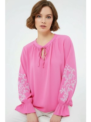 buğrahayalin Kadın Bagcıklı Nakışlı Kol Pembe Bluz