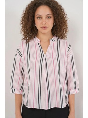buğrahayalin Kadın V Yaka Oversize Çizgili Viskon Pembe Bluz