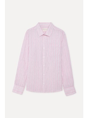 Mudo Erkek Pembe Çizgili Regular Fit Keten Karışımlı Gömlek