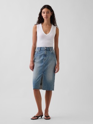 Gap Kadın Mavi High Rise Denim Midi Kalem Etek