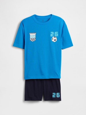 Gap Erkek Çocuk Mavi Recycled Oversized Futbol Baskılı Şort Pijama Seti