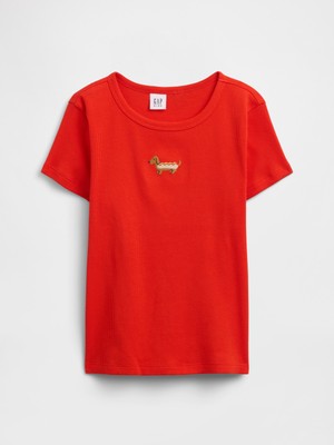 Gap Kız Çocuk Kırmızı Fitilli Bisiklet Yaka T-Shirt