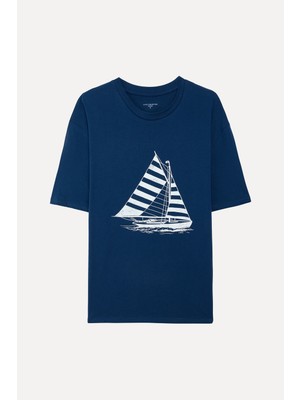 Mudo Erkek Indigo Baskılı Bisiklet Yaka T-Shirt