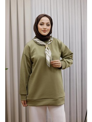 Kadın Regular Fit Pamuklu Yaka Fularlı Bisiklet Yaka Haki Tunik