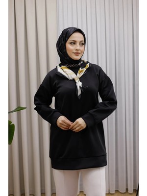 Kadın Regular Fit Pamuklu Yaka Fularlı Bisiklet Yaka Siyah Tunik