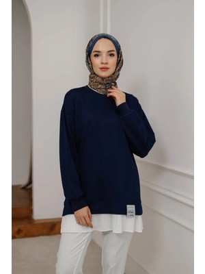 Kadın Regular Fit %100 Pamuk Eteği Piliseli Bisiklet Yaka Tesettür Lacivert Tunik