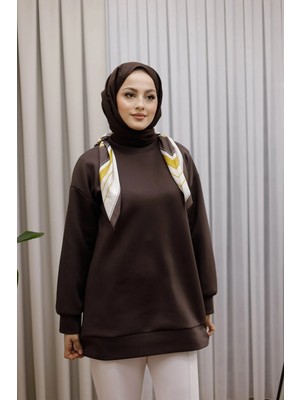 Kadın Regular Fit Pamuklu Yaka Fularlı Bisiklet Yaka Kahverengi Tunik