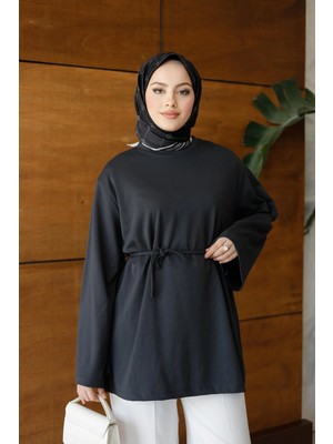 Kadın Regular Fit Bel Bağlamalı Bisiklet Yaka Tesettür Gri Tunik