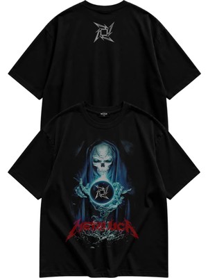 Unisex Metallica Ense Baskılı Tişört, Oversize Rock Band Temalı Bisiklet Yaka T-Shirt