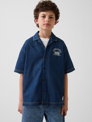 Gap Erkek Çocuk Koyu Mavi Kids Denim Relaxed New York Logo Gömlek