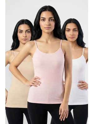 Fevien 3'lü Paket Kadın %95 Pamuklu Ip Askılı Ribana Atlet Esnek Nefes Alan Kumaş Günlük Basic Iç Giyim Vücudu Saran Kaşkorse Tarzı Üçlü Set