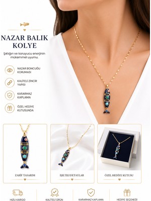 Elan Collection Çelik Kolye Nazar Boncuklu Renkli Balık Paslanmaz ve Kararmaz Zincir ve Kolye Gold
