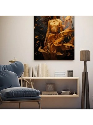 GLAZELLA Altın Yaprakların Dansı: Ethereal Kadın Figürlü Modern Cam Tablo