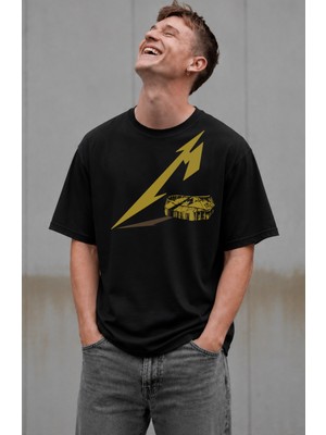 Unisex Metallica Sarı Logo Baskılı Tişört, Oversize Rock Band Temalı Bisiklet Yaka T-Shirt