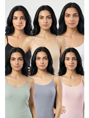 Fevien 6'lı Paket Kadın %95 Pamuklu Ip Askılı Ribana Atlet Esnek Nefes Alan Kumaş Günlük Basic Iç Giyim Vücudu Saran Kaşkorse Tarzı Çoklu Rahat Kombinlenebilir Ekonomik Altılı Set