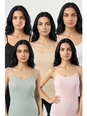 Fevien 5'li Paket Kadın %95 Pamuklu Ip Askılı Ribana Atlet Esnek Nefes Alan Kumaş Günlük Basic Iç Giyim Vücudu Saran Kaşkorse Tarzı Çoklu Rahat Kombinlenebilir Ekonomik Beşli Set