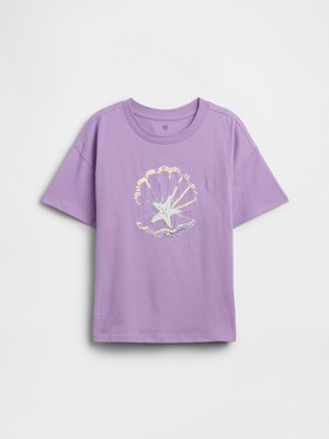 Gap Kız Çocuk Mor Relaxed Grafik Baskılı T-Shirt