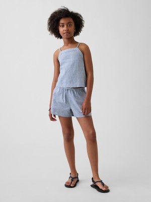 Gap Kız Çocuk Mavi Keten Karışımlı Gingham Easy Şort