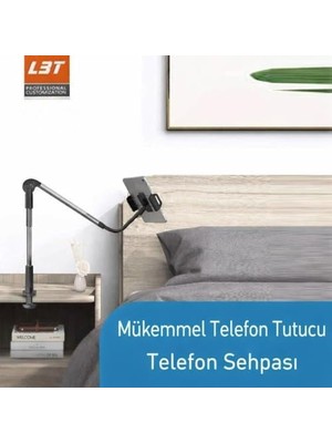 Vuralsin38 Profesyonel Ayarlanabilir LED Işıklı Uzun Kollu Alüminyum Masaüstü 14.6 Inç Kadar Uyumlu iPad ile Uyumlu Tablet Stant ve Tutucu | Cantilever Kol Tasarım, 360° Döner (L365 - Siyah)