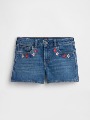 Gap Kız Çocuk Mavi High Rise Işlemeli Denim Şort