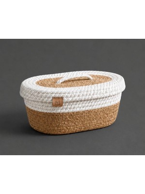 Efuliz Home Jüt Hasır Oval Kapaklı Sepet - Organizer, Düzenleyici, Dekoratif Sepet - Handmade El Dokuma Sepeti