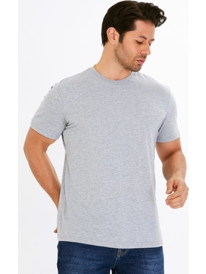 Trendhill Erkek Gri Melanj Pamuklu Bisiklet Yaka Büyük Beden T-Shirt GRİ5014B