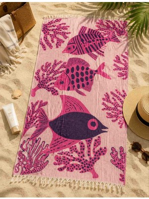 Dolce Mariee 90X190 cm Çift Taraflı 3 Kat Müslin Plaj Havlusu – Çift Desenli Pembe Deniz Temalı Havlu – Hızlı Kuruyan Büyük Boy