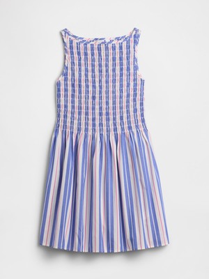 Gap Kız Çocuk Mavi Smocked Poplin Elbise