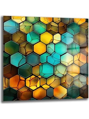 GLAZELLA Enerjik Altın ve Turkuaz Petekler: Modern Geometrik Cam Tablo