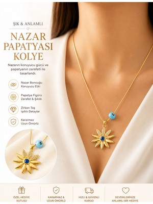 Elan Collection Çelik Kolye Nazar Papatyası Zirkon Taşlı Paslanmaz ve Kararmaz Zincir ve Kolye Gold