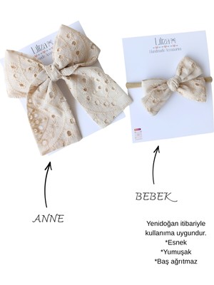 Liliza Accessories Bej Nakışlı Fisto Büyük Otomatik Fiyonk ve Bebek Bandı - Anne Yenidoğan Bebek Seti