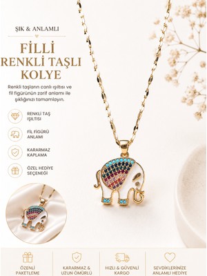 Elan Collection Çelik Kolye Zirkon Taşlı Fil Model Paslanmaz ve Kararmaz Zincir ve Kolye Gold
