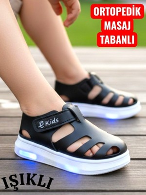Ellaboni Işıklı Cırt Cırtlı Çocuk Siyah Yumuşak Ortopedik Taban Spor Sandalet Terlik
