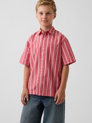 Gap Erkek Çocuk Kırmızı Kids Organik Pamuk Poplin Relaxed Çizgili Gömlek