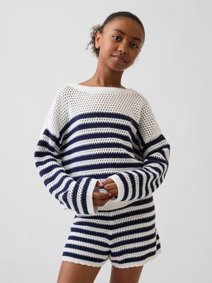 Gap Kız Çocuk Lacivert Kroşe Oversized Çizgili Kazak