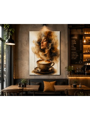 Othello Art Kahve Temalı Kanvas Tablo | Sulu Boya Kadın Portresi ve Latte Art Modern Duvar Dekorasyonu