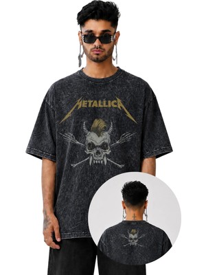 Unisex Punkist Skull Metallica Ense Baskılı Yıkamalı T-Shirt,oversize Rock Band Temalı Retro Tişört