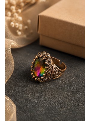 Bulu'us Accessories Mistik Topaz Taşlı Vintage Bronz Yüzük – Zirkon Taş Işlemeli Otantik Sevgiliye Hediye Anneye Hediye
