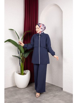 Weak Blue Kadın Tesettür Takım Çift Kat Görünümlü Fermuarlı Tunik Bol Paça Pantolon Moda Kumaş Ikili Takım