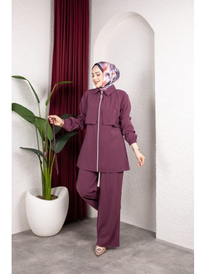 Weak Blue Kadın Tesettür Takım Çift Kat Görünümlü Fermuarlı Tunik Bol Paça Pantolon Moda Kumaş Ikili Takım
