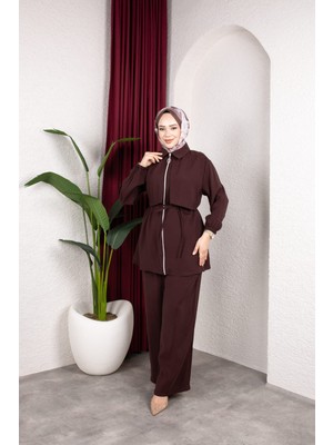 Weak Blue Kadın Tesettür Takım Çift Kat Görünümlü Fermuarlı Tunik Bol Paça Pantolon Moda Kumaş Ikili Takım